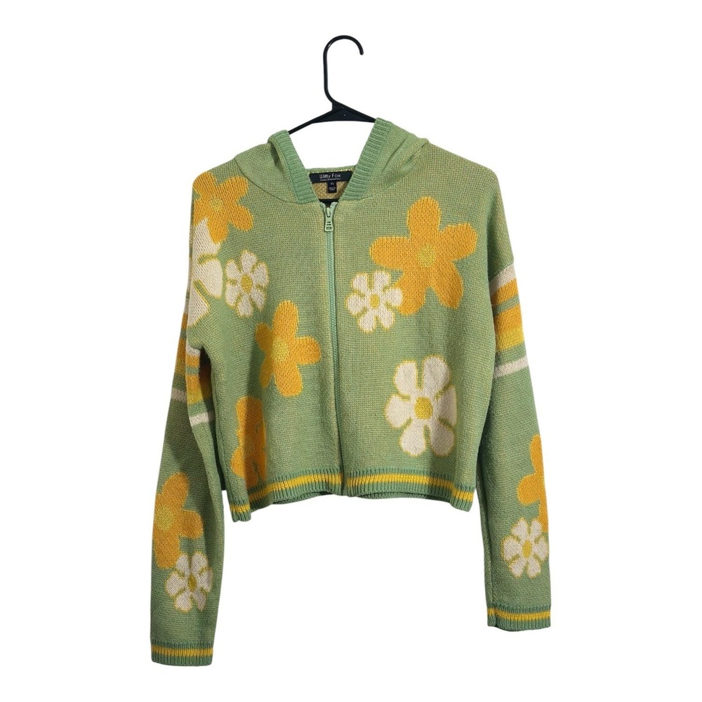 Witty Fox 70's Style Green Daisy Floral Zip Up Hooded Cropped Sweater Women's XS